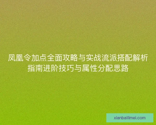 凤凰令加点全面攻略与实战流派搭配解析指南进阶技巧与属性分配思路